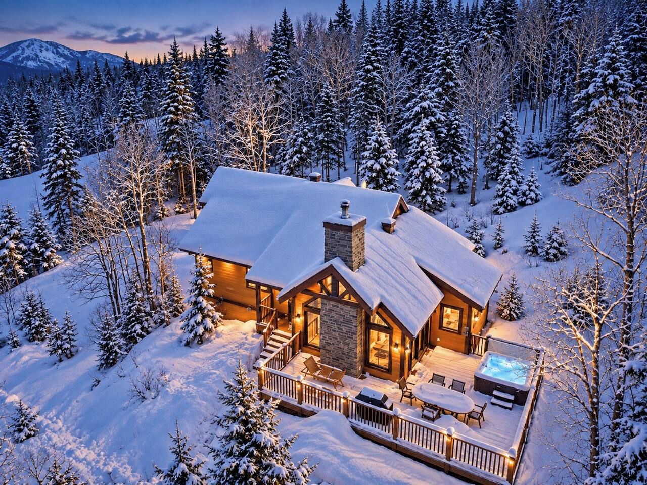 A lodge with a deck, hot tub, and a fireplace.