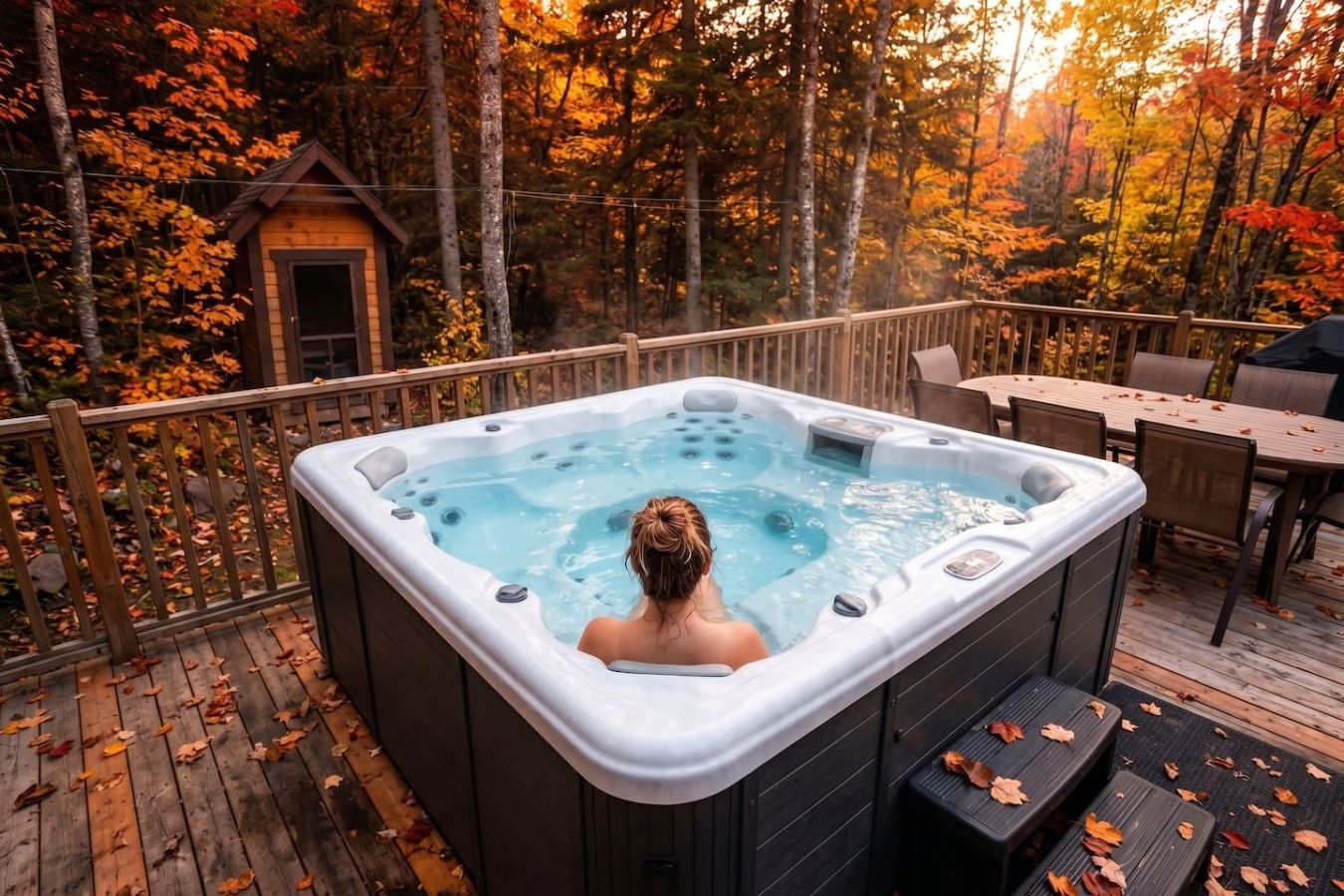 A hot tub on a wooden deck with a view of autumn trees.