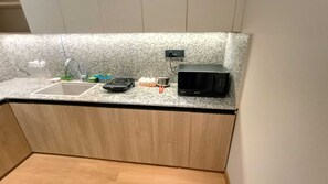 A kitchen with a granite countertop, a sink, a microwave, and a small electric stove. - Awesome The Studio Stay (Raipur)