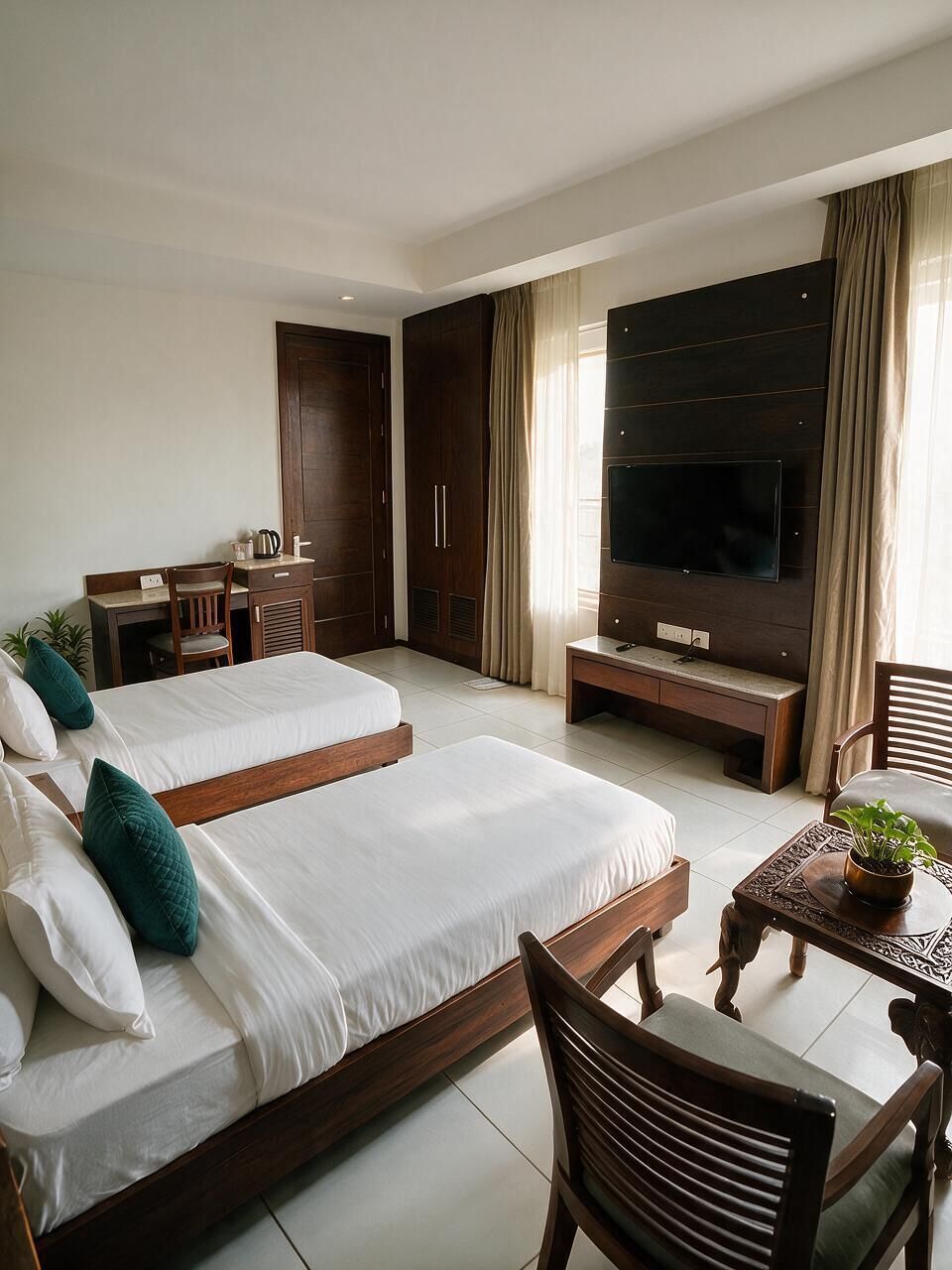 A hotel room with two beds, a desk, a TV, and a seating area.