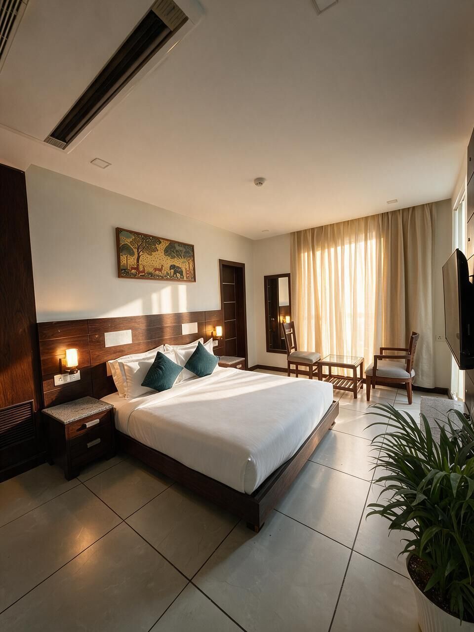 Ein Hotelzimmer mit einem großen Bett, Nachttischen, einem Schreibtisch, einem Sessel, einem Fernseher und einer Topfpflanze.