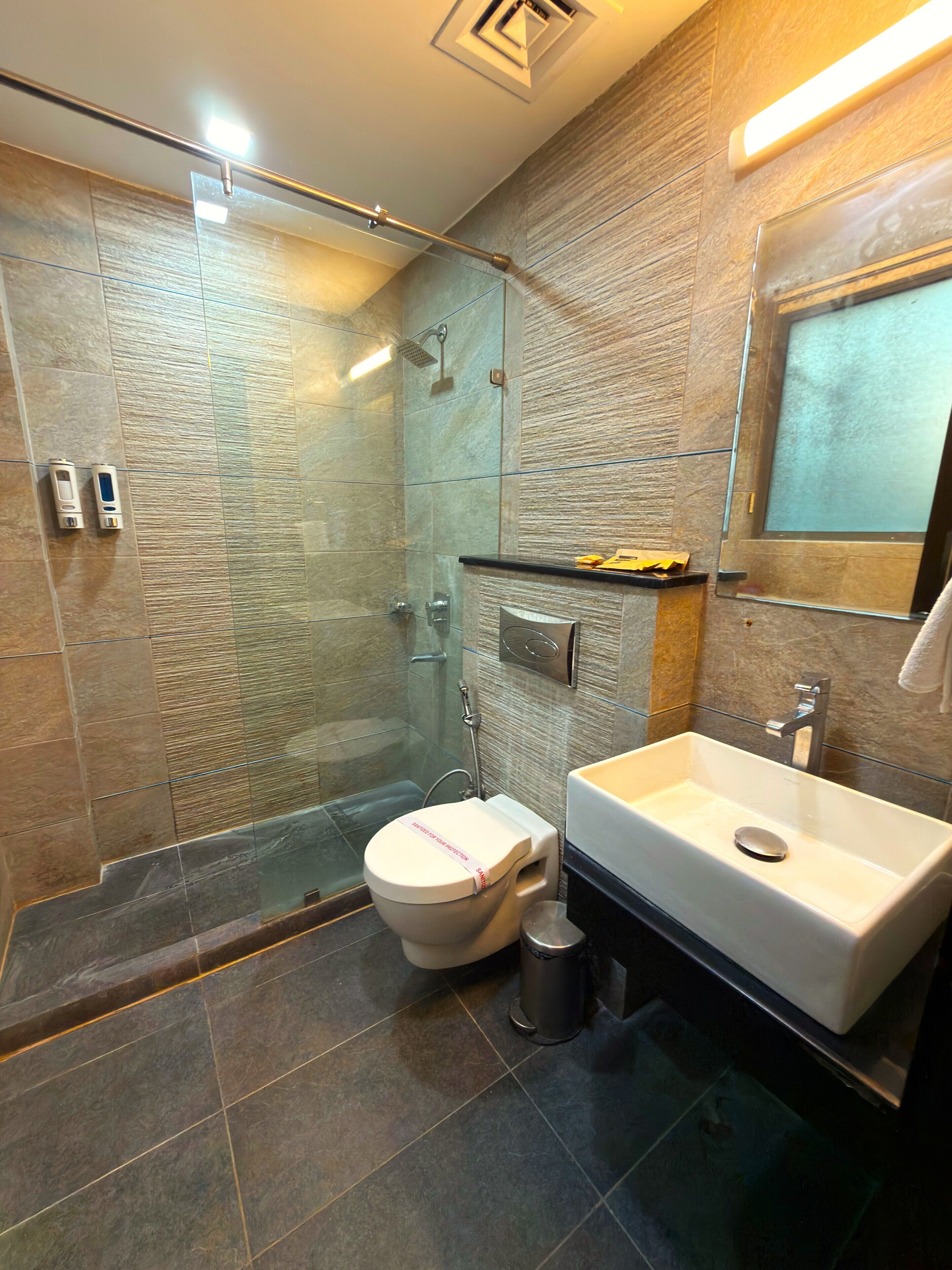 Shower, towels, soap, shampoo