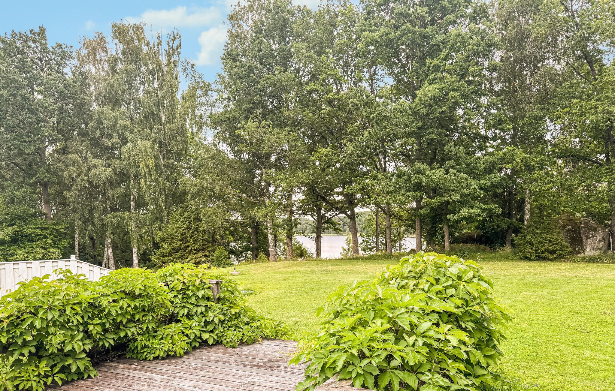 A well-maintained garden with a wooden deck, lush greenery, and a backdrop of tall trees.