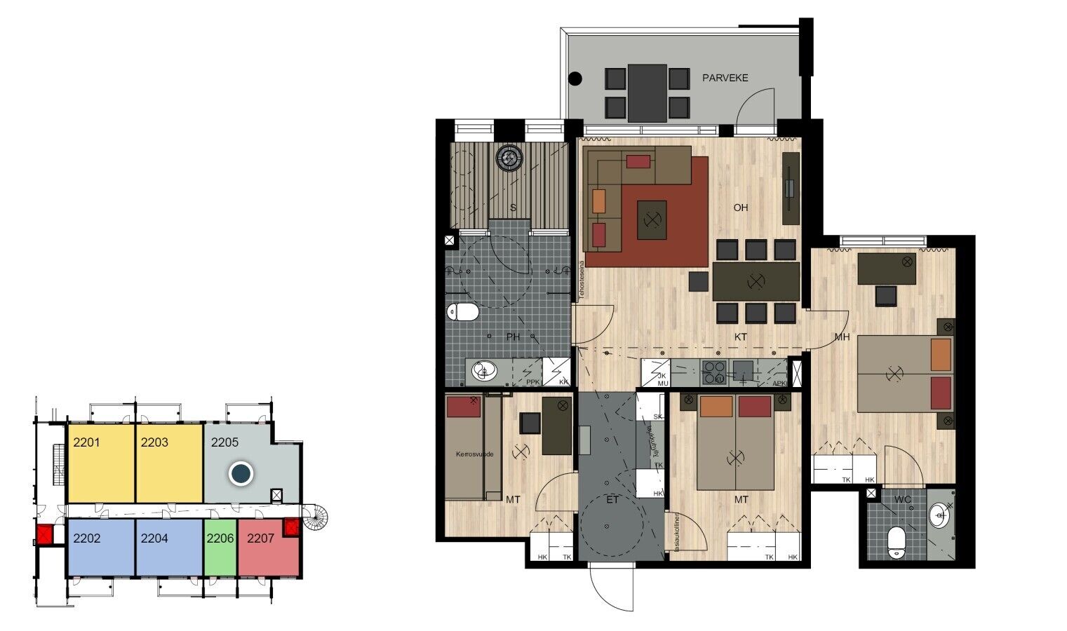 A hotel floor plan with multiple rooms, including a parvee, a kitchen, and a dining area.