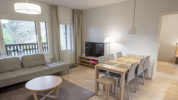 Een moderne woonkamer met een bank, een rond salontafeltje, een eettafel met stoelen, een flatscreen televisie en een groot raam met gordijnen.