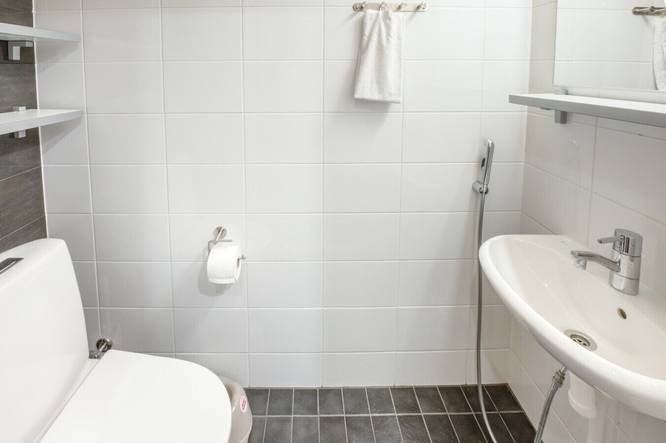 A bathroom with a toilet, a sink, a towel rack, and a toilet paper holder.
