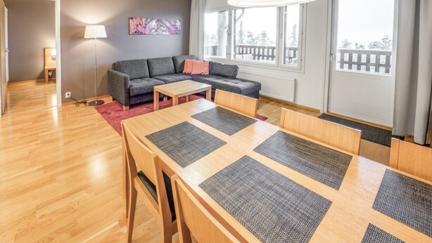 Moderni olohuone, jossa on sohva, ruokapöytä tuoleineen, lamppu ja suuret ikkunat.