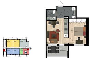 Planta baixa de um hotel, mostrando vários quartos, incluindo banheiro, cozinha e sala de estar.