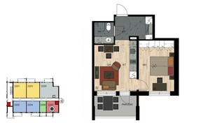A floor plan of a hotel with multiple rooms, including a bathroom, kitchen, and living area.