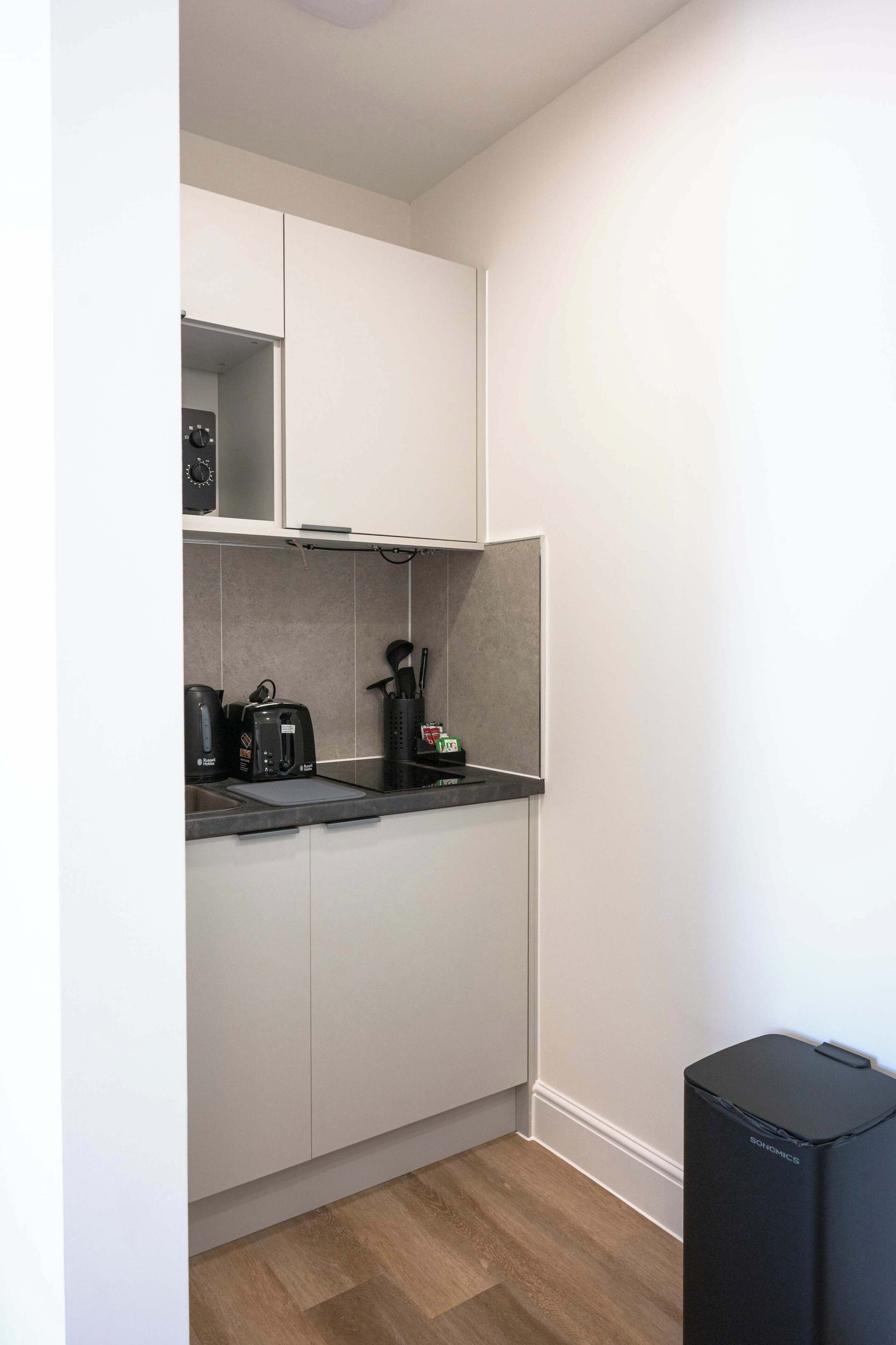 Fridge, microwave, stovetop, electric kettle