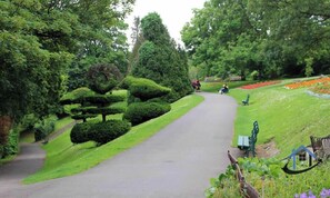 A park pathway with trimmed hedges and benches.