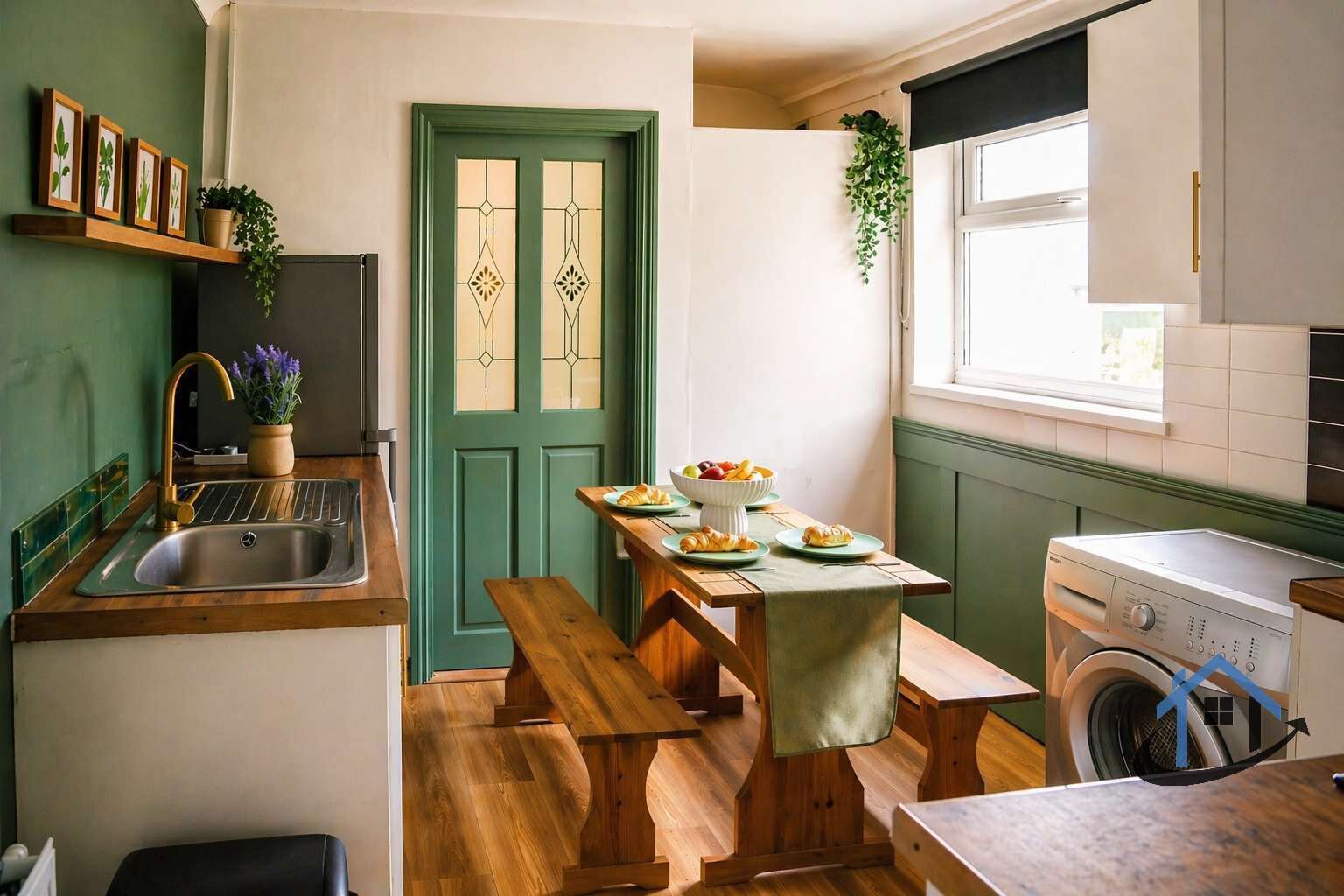 A kitchen with a wooden bench, a sink, a washing machine, and a door with a green frame.