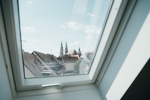 A skylight window with a view of a cityscape, including buildings and a church with two spires.