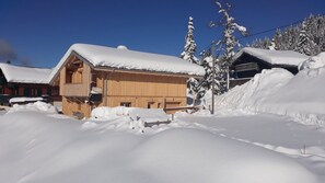 A wooden chalet with a snow-covered roof, surrounded by snow-covered trees and a clear blue sky.