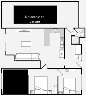 Grundriss mit Wohnzimmer, Küche und zwei Schlafzimmern. Ein Zugang zur Garage ist nicht gekennzeichnet.