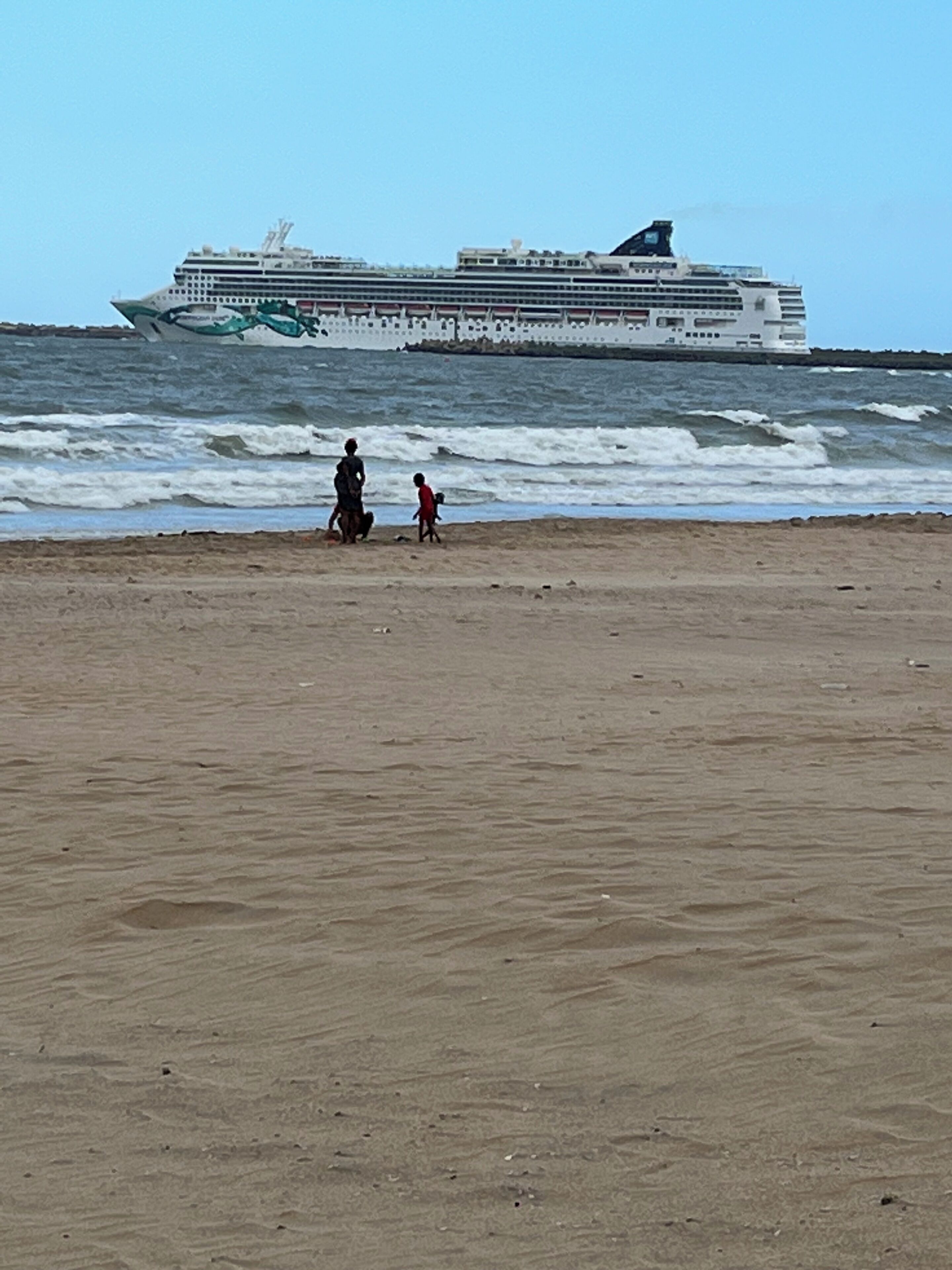 Uma praia com um grande navio de cruzeiro ao fundo.