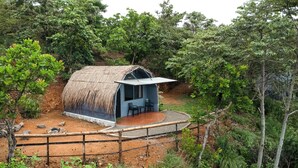 Una cabaña con techo de paja, un pequeño porche y dos sillas, rodeada de un bosque frondoso.