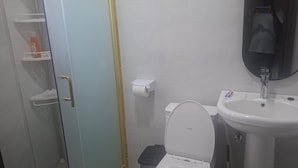 Une salle de bain avec des toilettes, un lavabo et un miroir.