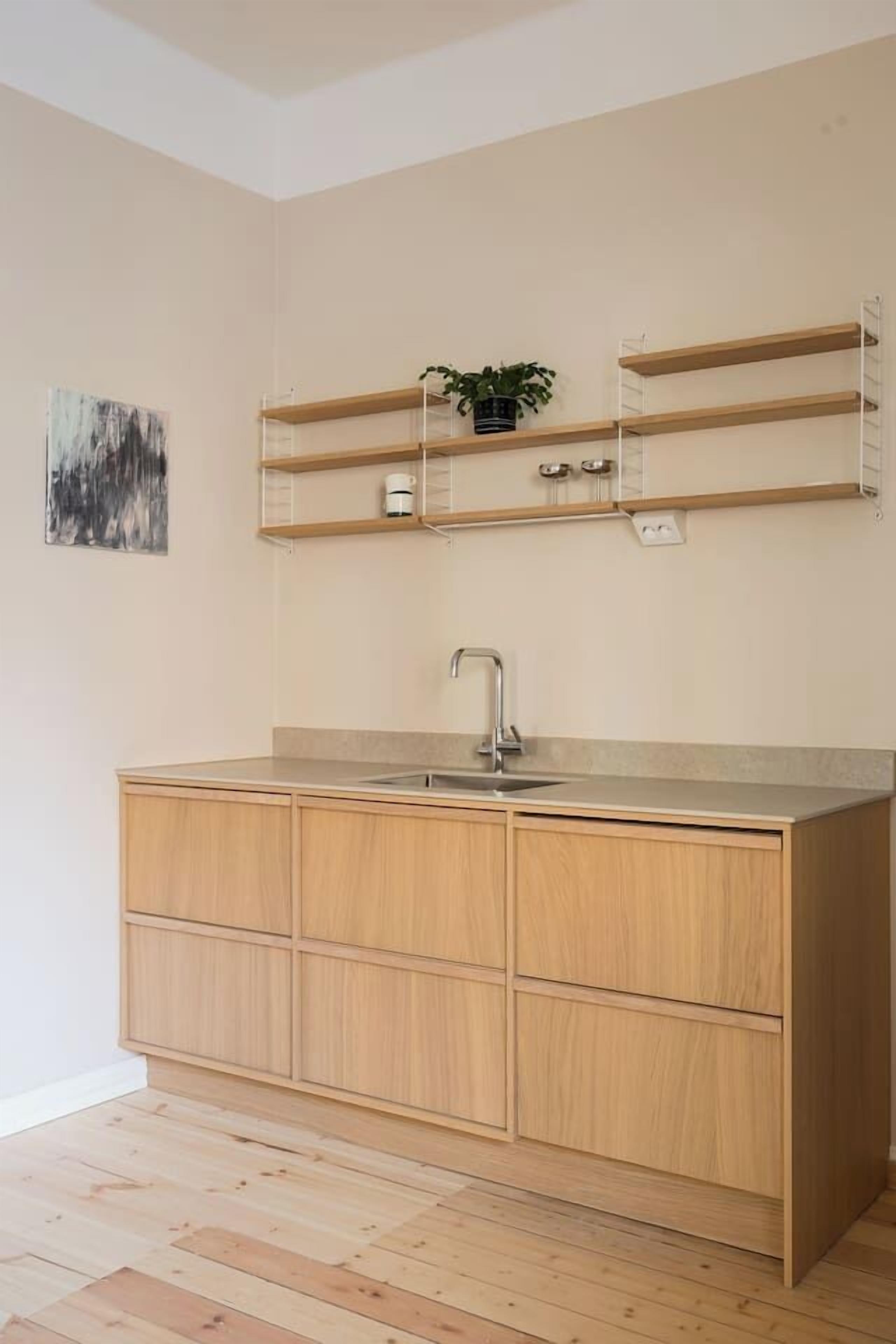 A kitchen with a wooden cabinet, a sink, and a shelf with a plant.