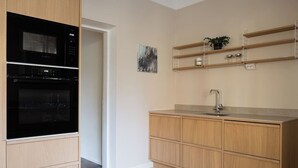 Eine Küche mit Backofen, Spüle, Holzschränken und einer Pflanze auf einem Regal.
