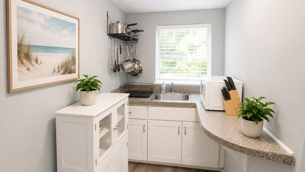 A compact kitchen with white cabinetry, a countertop, a sink, and a window with blinds. - Beach Casita 1-bedroom Apt by Boardwalk and Beach (Ocean City)