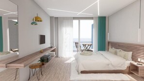 A modern bedroom with a large bed, a bedside table, a mirror, and a view of the sea. - Sidari Water Park Resort & Spa (Corfu)