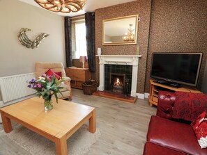 A living room with a fireplace, a television, a sofa, a coffee table, and a vase of flowers. - Waterside Lodge (Lockerbie)