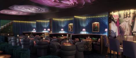 A modern interior with a bar area, seating, and decorative ceiling elements.