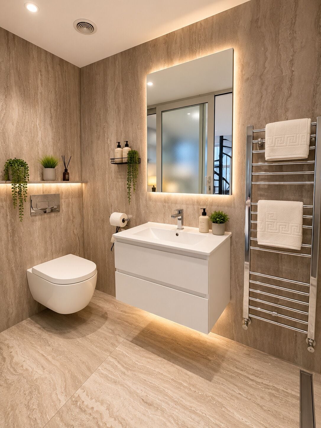 A modern bathroom with a toilet, sink, and towel rack.