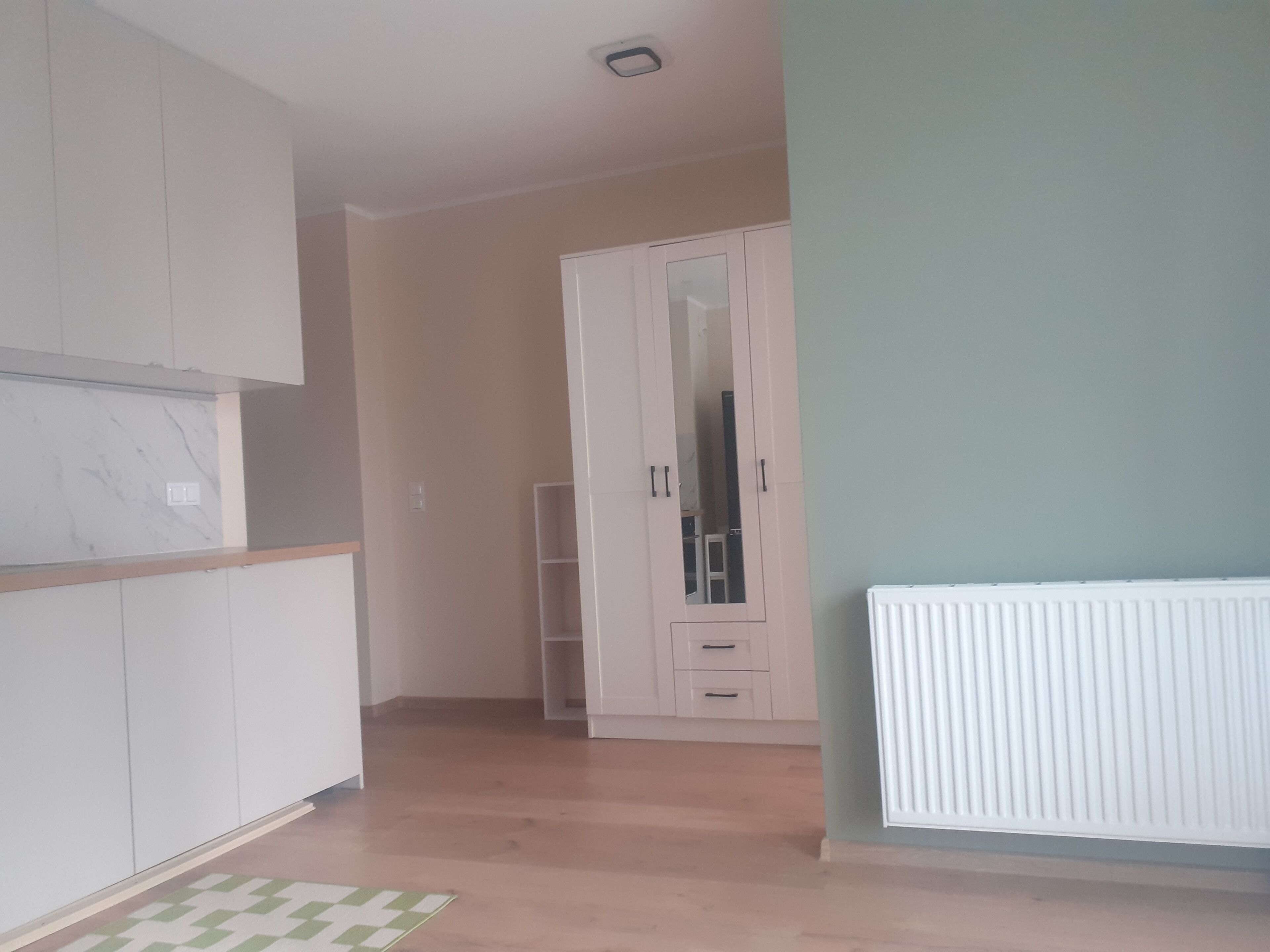 A room with a wooden floor, white cabinets, a radiator, and a green wall.