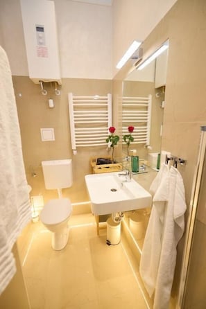 Een badkamer met toilet, wastafel, spiegel, handdoekhouder en douche.