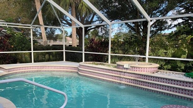 Ein Pool mit Glasabdeckung, umgeben von einer Fliesenveranda und einer Palme.
