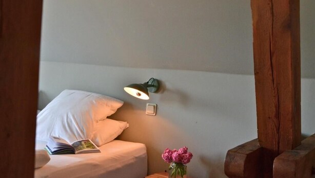 A bed with a book, a wall-mounted lamp, and a vase with flowers. - An den Wiesen. Gasthaus am Finowkanal (Wandlitz)