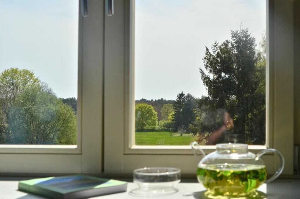 Ein Fenster mit Blick auf eine grüne Landschaft, eine transparente Teekanne und ein Buch auf einem Tisch.
