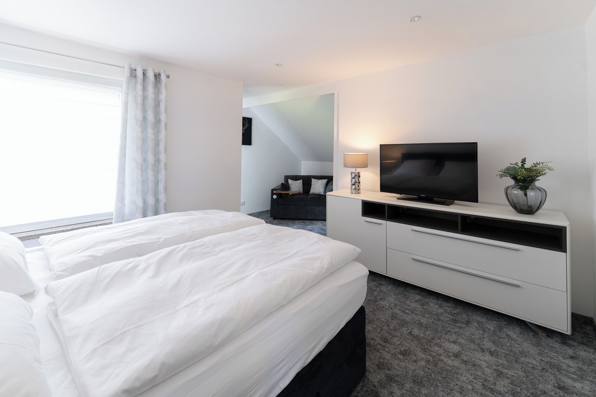 A hotel room with a bed, a TV, a desk, and a plant.