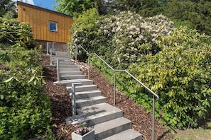 A set of outdoor stone steps leading up to a wooden building, surrounded by lush greenery and flowering bushes.