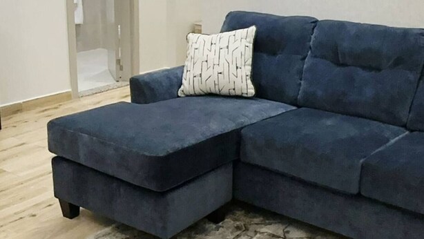 Moderni olohuone, jossa on kulmasohva, kuviollinen matto ja lasiovi, joka johtaa kylpyhuoneeseen.