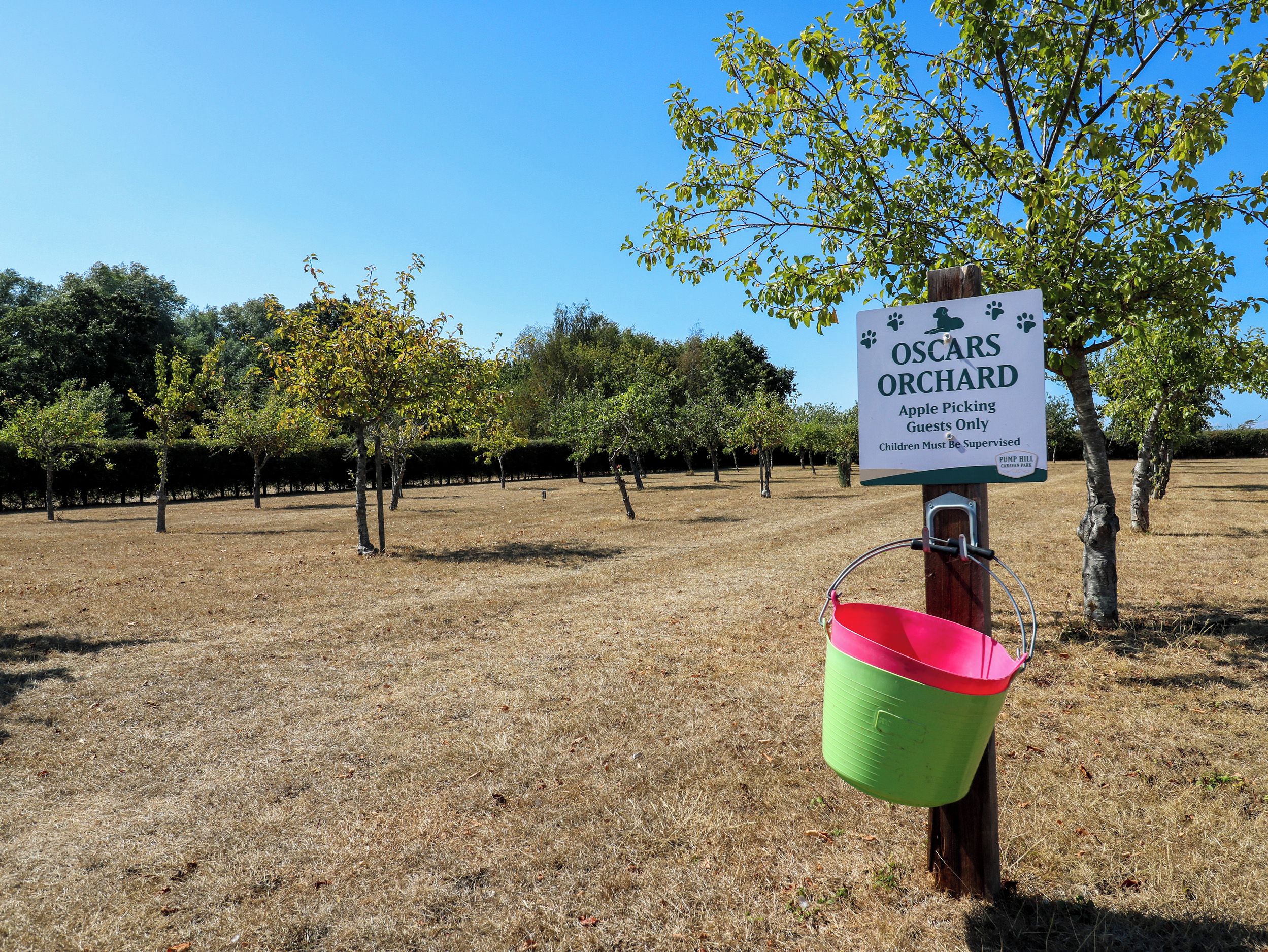Segnaletica per il podere Oscars Orchard con un secchio per gli ospiti.
