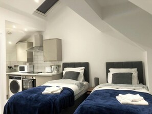 Ein modernes Schlafzimmer mit zwei Betten, einer Küchenzeile und einem Oberlicht.
