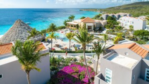 Un complexe hôtelier doté d’une piscine, de palmiers et offrant une vue sur l’océan.
