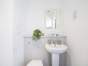 A modern bathroom with a white sink, mirror, and a small potted plant. - Student Only The Paper Works (Sheffield)
