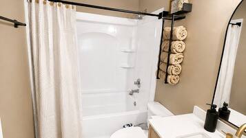 Shower, hair dryer, bidet, towels
