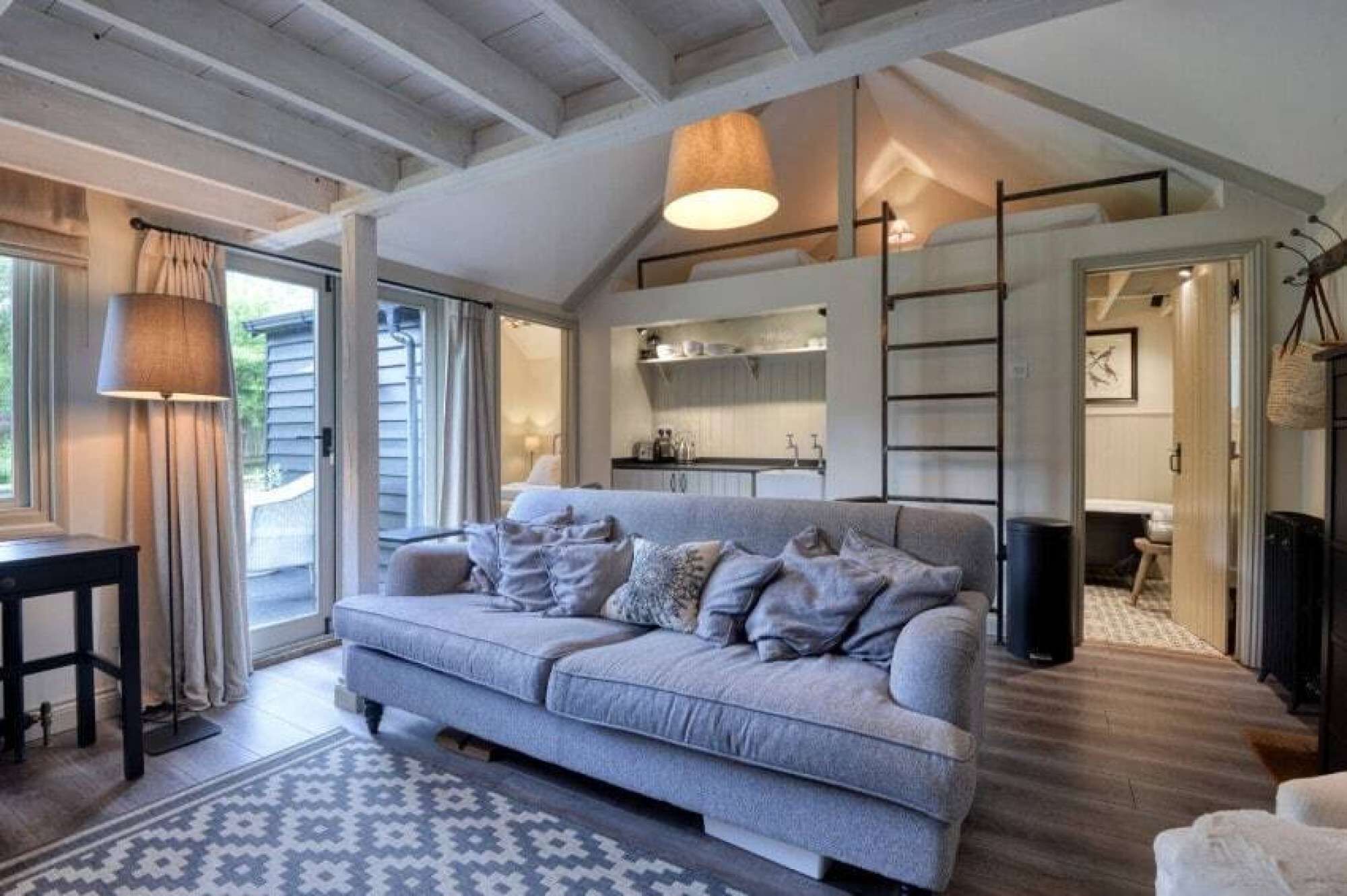 TV, fireplace, books
