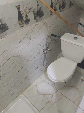 Ein Badezimmer mit Toilette, Dusche und einer Wand mit Marmorfliesen.