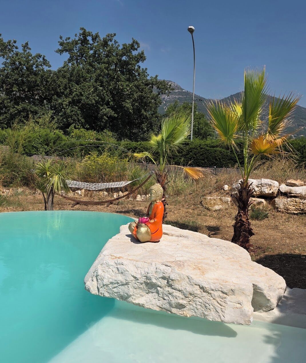 A serene pool area with a Buddha statue on a rock, surrounded by greenery and a clear sky.