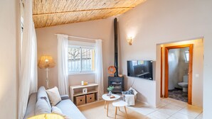 A modern living room with a sofa, a coffee table, a TV, and a fireplace. - Cubo's Casa Alaya & Oasis Pool / Private pool / Air conditioning / BBQ / Free Wi-Fi (Coín)