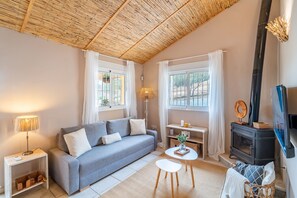 Ein gemütliches Wohnzimmer mit einer Couch, einem kleinen Tisch, einer Lampe, einem Kamin und einem Fernseher.