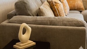 Ein Wohnzimmer mit einer Couch, Kissen, einem kleinen Tisch mit einer Dekoration und einer Pflanze.