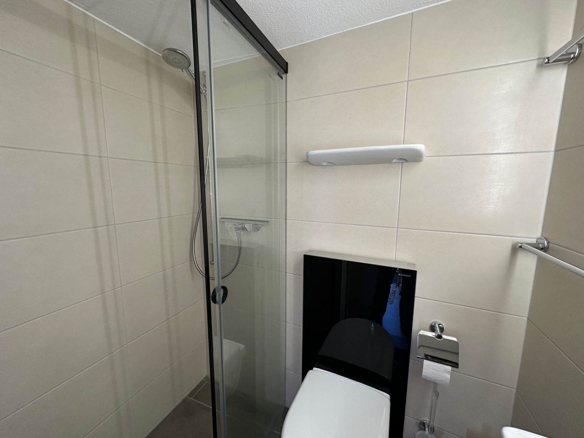 Un baño con cabina de ducha de vidrio, un inodoro y un perchero para toallas.