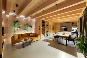 Smart TV, fireplace, books, stereo
